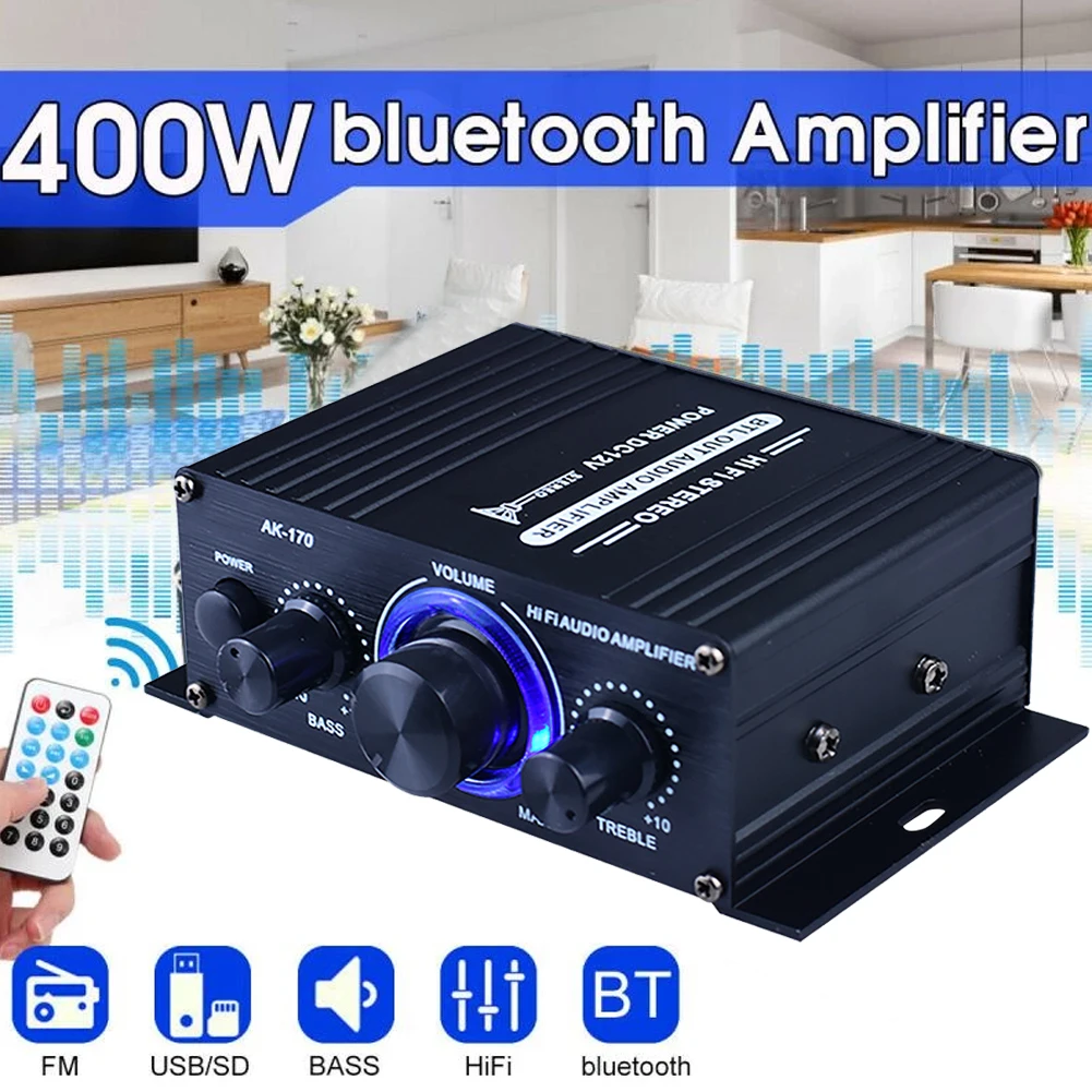 Цифровой Hi-Fi усилитель мощности AK170 400 Вт 12 В FM-радио микрофон автомобильный