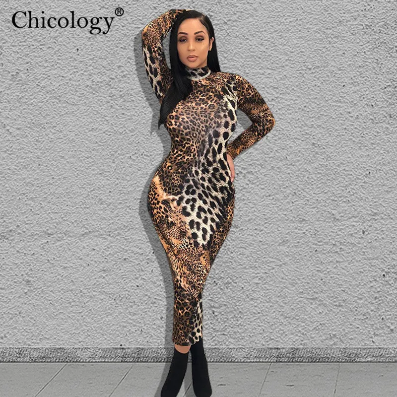 Chicology 2019 леопардовая расцветка длинным рукавом Лонгслив миди платье платья