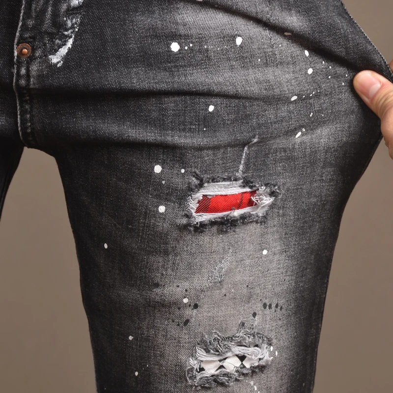 Summer Thin Denim Shorts Men Stretch Slim Fit Jeans Vintage Spray Painting Patch Knee Length Pants