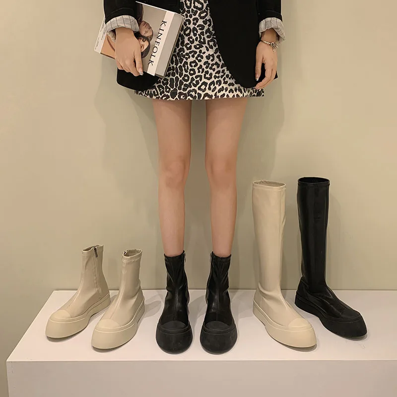

Women High Boots Fashion All-match British Style Retro Knee-High Boots Female Platform Shoes High-top Zipper Beige Boot Flats