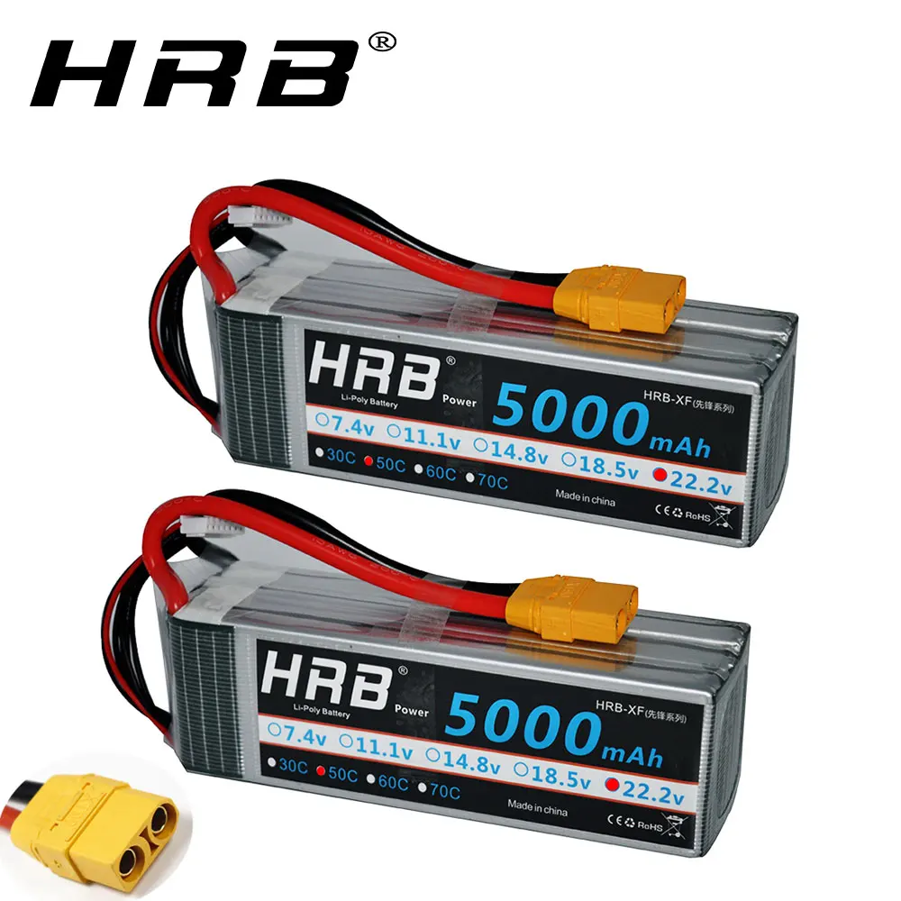 

2 шт. 22,2 в 5000 мАч HRB 6S Lipo батарея 50C с разъемом EC5 XT90 для радиоуправляемых дронов XMAX Car Monsters RC вертолет trex 700 800
