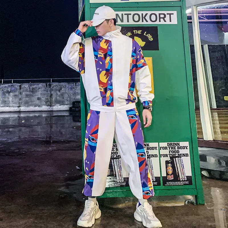 

Мужской спортивный костюм, куртка в стиле хип-хоп, модный мужской комплект из двух предметов, свободный костюм с принтом, мужской спортивный...
