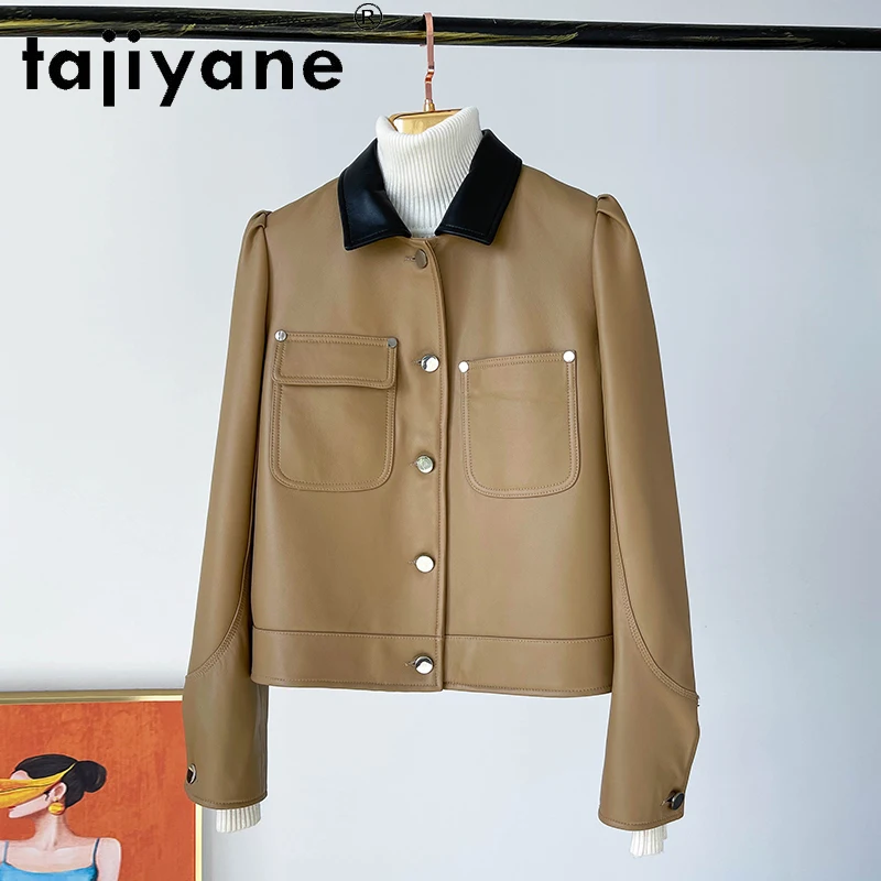 

Женская кожаная куртка Tajiyane, короткая весенняя куртка из натуральной овечьей кожи, пальто, 2021