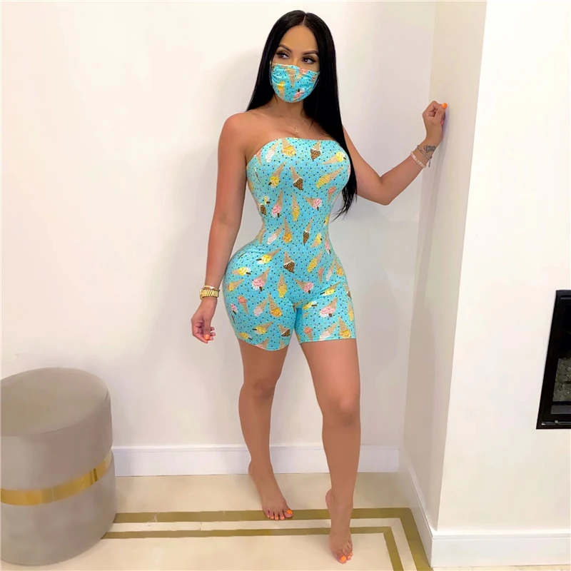 Женское боди с цветочным принтом без бретелек рукавов|Комбинезоны c шортами| |