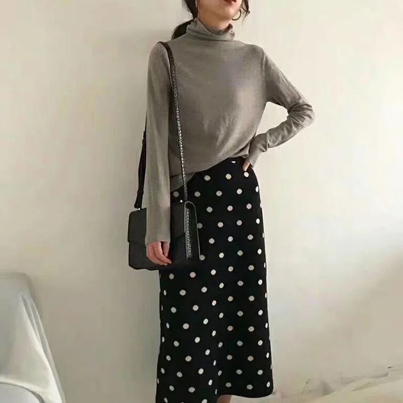 

2020 Autumn Skirts High Waist Knitting Bodycon Long Faldas Jupe Femme Saia Dots Print Women Sexy Pencil Skirt