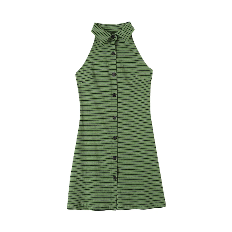

Summer Vintage Sexy Single-Breasted Green Striped Lapel Seeveless Shirt Dress Women Streetwear Club Party Vestidos