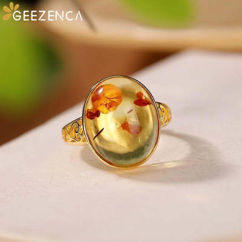 GEEZENCA-anillos de plata de ley 925 chapados en oro con flor de ámbar Natural para mujer, anillo abierto clásico con cara de huevo Simple, nueva tendencia 2021