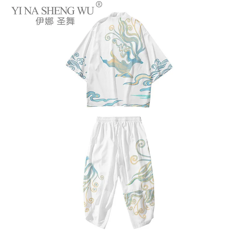 

Кимоно мужское традиционное в японском стиле, юката и брюки, модный пляжный комплект в стиле Харадзюку с принтом, Солнцезащитная азиатская одежда