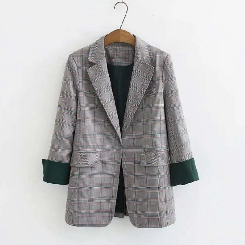 

Plaid Small Suit Autumn/winter 2021 New Korean Version Loose Student One-button Mid-length Coat Female Qn*