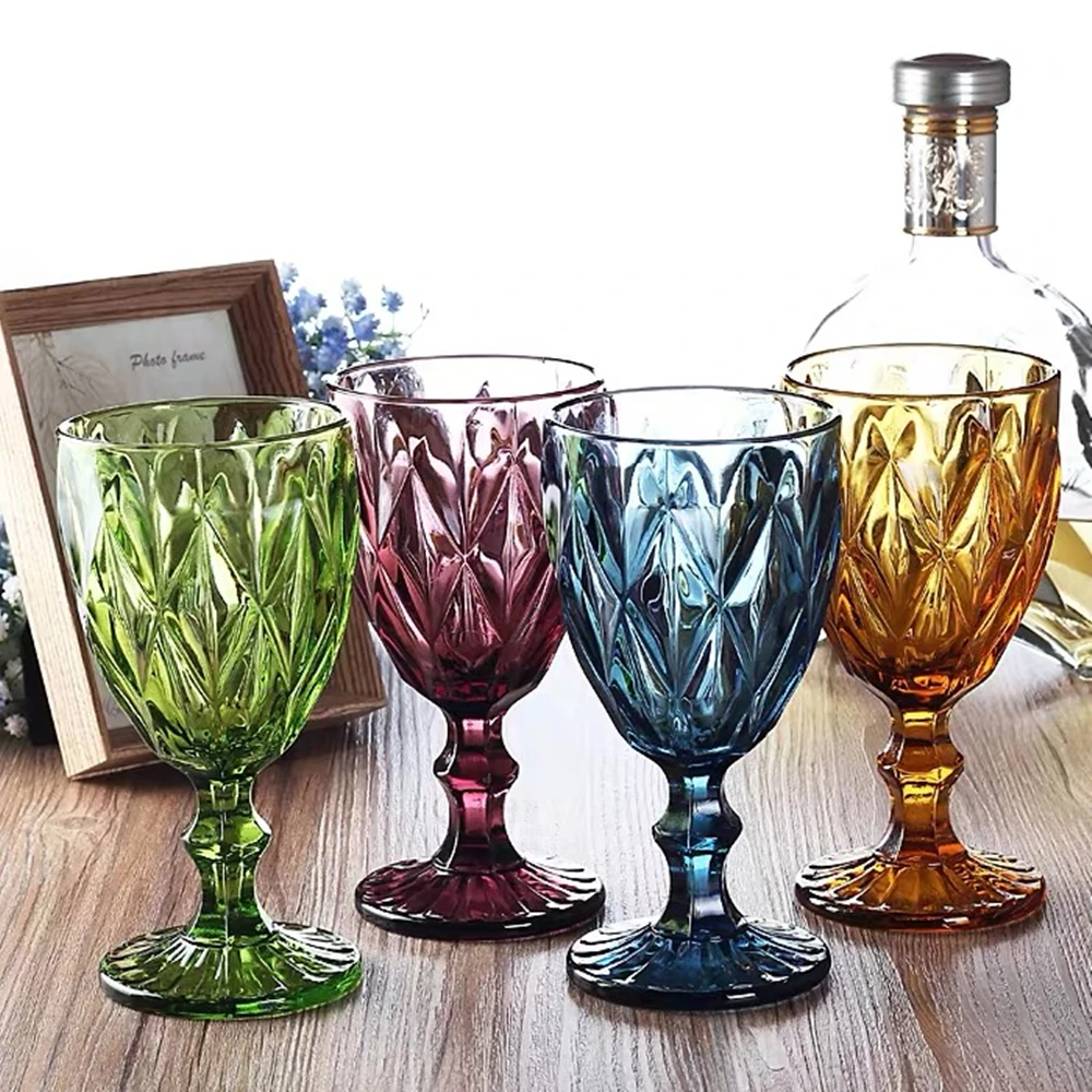 

Wine Glass Party Banquet Color Diamond Goblet Relief 300ml Wedding Glass Cup Restaurant Hotel Furniture Supplies 4 Piece set