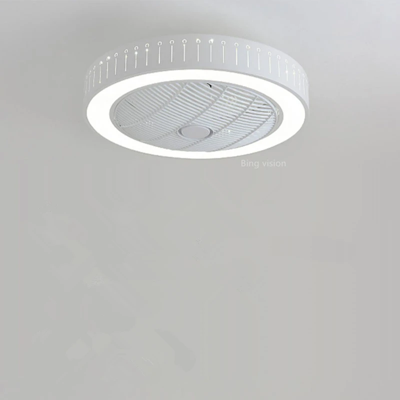 Ventilador con lámpara de techo de hierro para el hogar, de hierro pintada en blanco, con ventilador regulable centrado, cristal claro decorativo en acrílico, iluminación LED para dormitorio