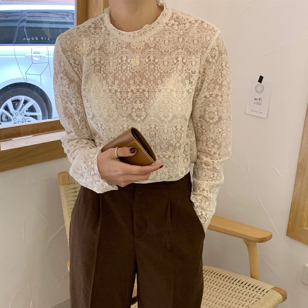 Корейский стиль женский кружевной топ со стоячим воротником Кружевная блуза с