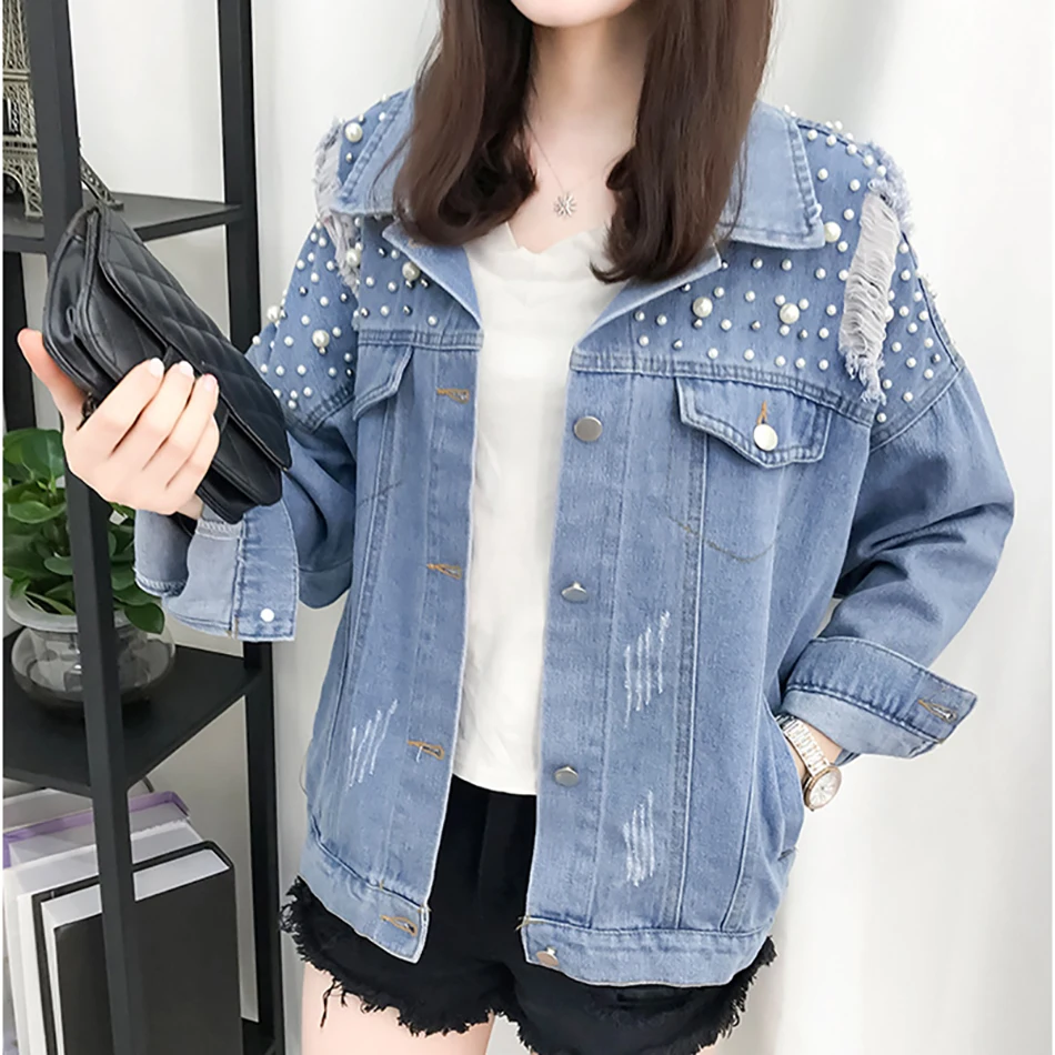 

New Arrival Autumn Spring Women Unicorn Print Denim Jacket Fashion Beaded Ragged Coat with Holes