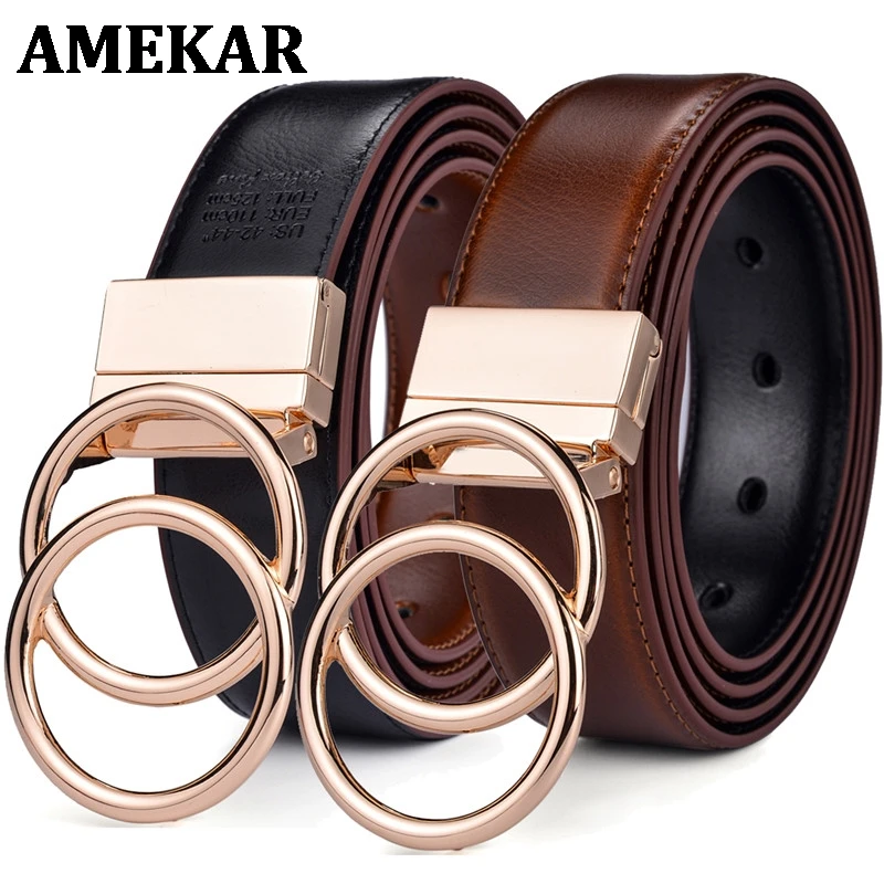 

Women Reversible Leather Belt 2 in 1 Rotated 2 Rings Gold Buckle 3.4cm Wide