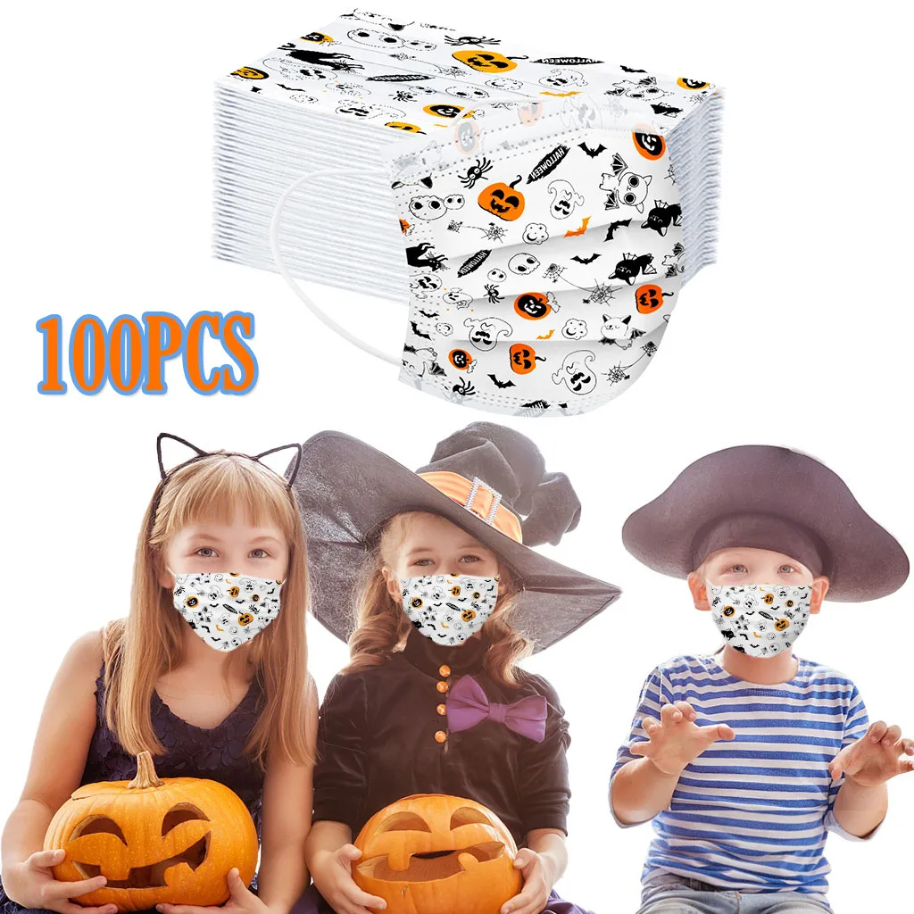 

100Pcs Halloween Printing Non-woven 3-layer Face Mask Breathable Mask With Elastic Earband Breathable Children's Mouth Mask F717