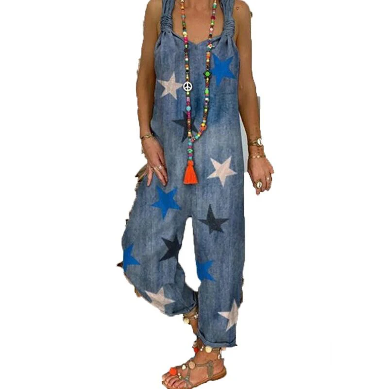 

Womens Jumpsuits Long Pants Casual Loose Sleeveless Jean Jumpsuit for Ladies Fashion Star Print Sexy Backless One Piece Jumpsuit