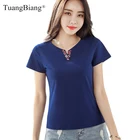 TuangBiang 2022 летние темно-синие хлопковые футболки с вышивкой и V-образным вырезом, Женские приталенные креативные футболки с коротким рукавом, женские топы