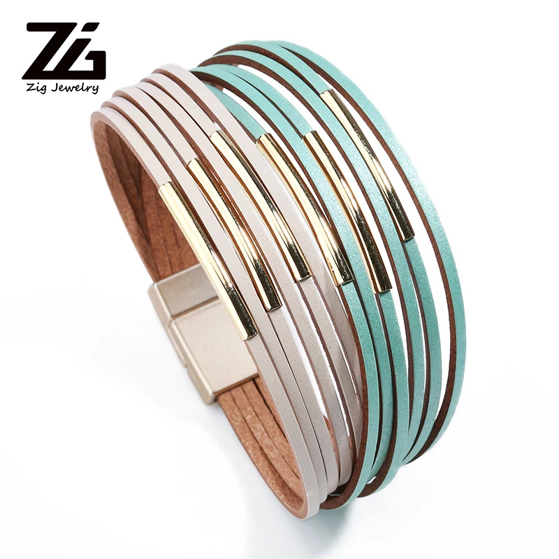 ZG Многослойные Бусины кристалл кожаные браслеты для женщин 4 цвета модный Pulsera Mujer