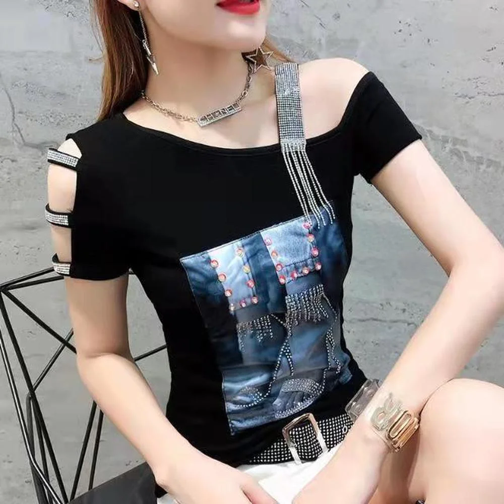 

Summer Korean Clothes Fashion Print Graphic T Shirts Sexy Diamonds Tassel Chain Women Tops Ropa Mujer Cotton Shirt Tees 2021