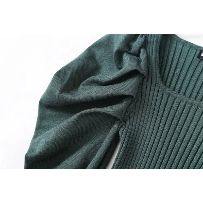 

Sukibandra Autumn Fall Puff Long Sleeve Women Sexy Knitted Sweater O Neck Khaki Jumper Top Casual Ladies Green Pullover Sweaters
