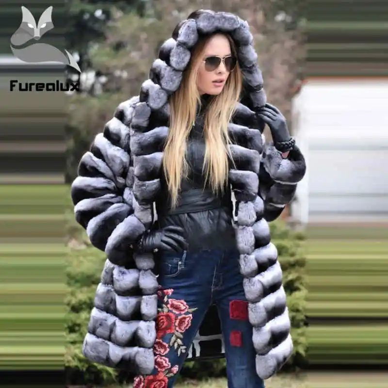 90cm wIth hood Длинный русский Настоящий мех кролика Шиншилла Шуба/серая одежда с полосками с капюшоном размера плюс шуба мужская шуба куртка - Цвет: 90cm wIth hood