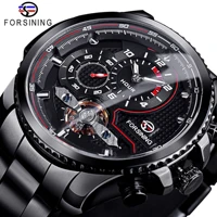 forsining black dial automatic mechanical watch waterproof wristwatches tourbillon stainless steel band military watches reloj
