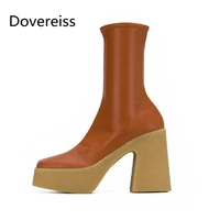 dovereiss 2022 fashion square toe block heels short boots orange ladies boots winter new sexy elegant waterproof zipper 33 40