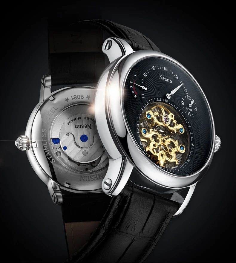 Швейцарские роскошные Брендовые Часы Nesun Hollow Tourbillon, Мужские автоматические механические часы, сапфировые водонепроницаемые часы N9081-4