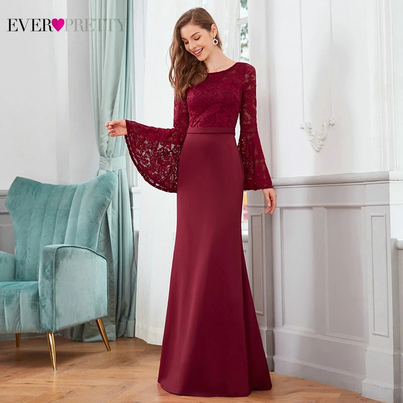 Длинные Бордовые платья для выпускного вечера 2020 Ever Pretty Русалка с круглым