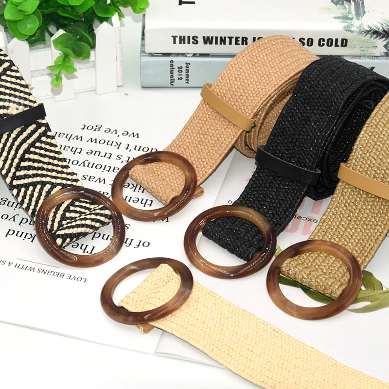 

Vintage Boho Stripe Braided Waist Belt Solid Round Wooden Buckle Waistband Fake Knit Straw Wide Belts for Women Dress Accesories