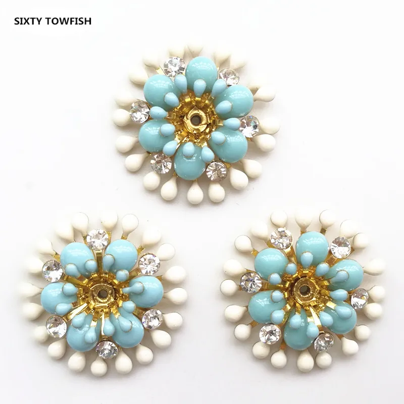 5 Pieces/lot 8 styles Copper Filigree Rhinestone Flower Slice Charms Base Setting DIY Jewelry Accessory Findings - Цвет: 025-24mm-blue