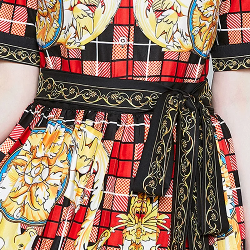 

Fashion Woman Summer Print Dress Vintage Printed Ladies Party Skirt Dress Turn-down Collar Slim A-line Dresses Women