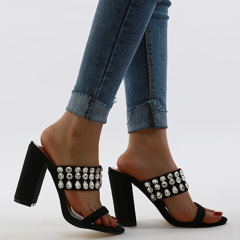 

Square heel Thin Heels Glitter Slides Shoes Woman 2021 Heeled Mules Med Female Slippers Block Jelly High New Crystal Rubber Basi