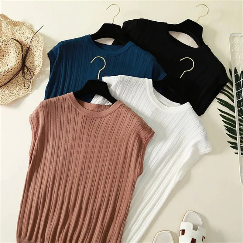 

Sleeveless Knitted Women Tops Korean Elegant Office Female Solid Short Sleeve Japanese Casual Woman Tank O Neck Slim Fabric Tops
