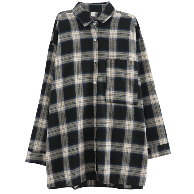 

2021 Autumn Fashion Women Long Sleeve Plaid Oversize Blouse Pocket Casual Loose Long Shirts
