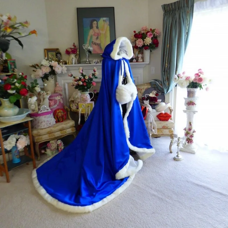 

Женская Длинная атласная накидка из искусственного меха, Королевская Синяя шаль, зимнее пальто с капюшоном, свадебные аксессуары