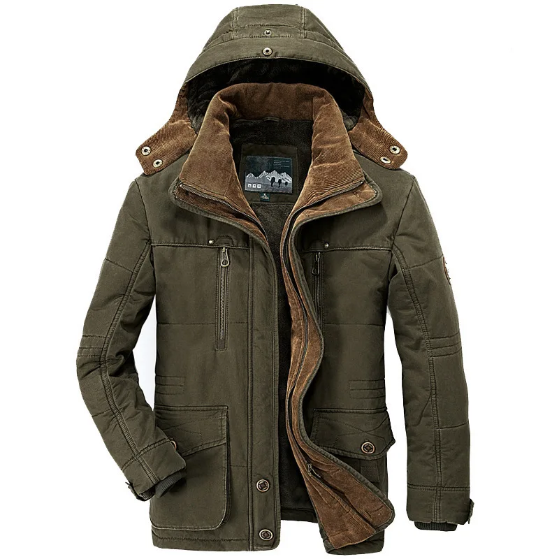Men Winter Hooded Thick Fleece Parkas Jacket Hat Detachable Coat Mens Outdoor Military Casual Pockets loose Parka Jacket Men 6XL