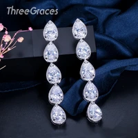 threegraces elegant bridal wedding cubic zirconia long dangling water drop earrings for women fashion summer party jewelry er150