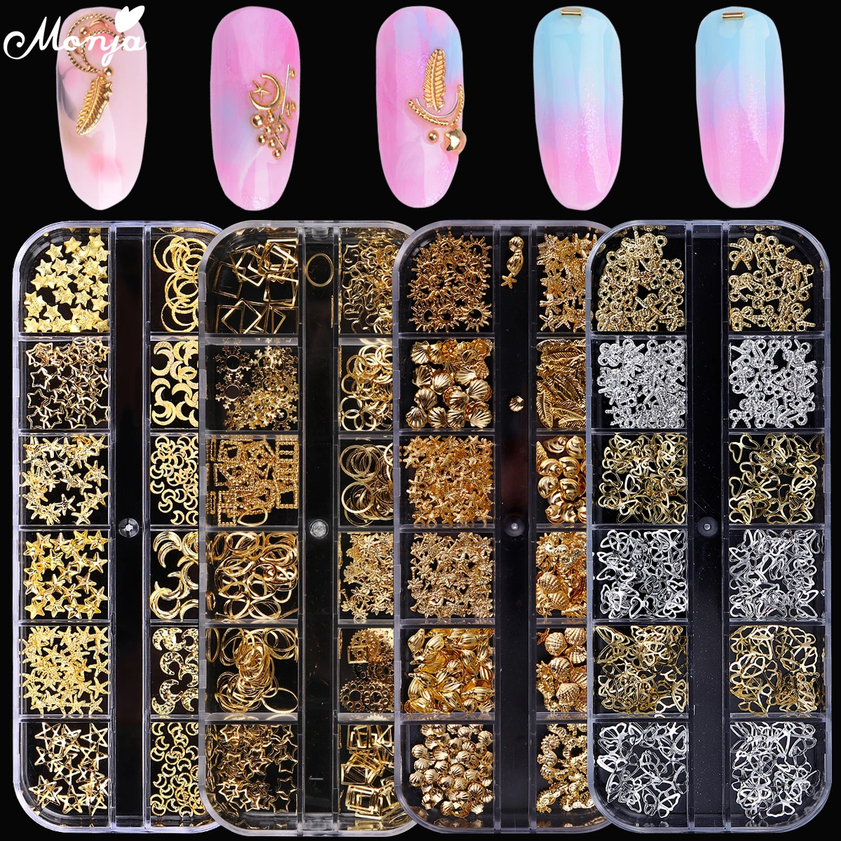 Monja 12 ячеек в коробке смешанный стиль дизайн ногтей луна звезда золотые