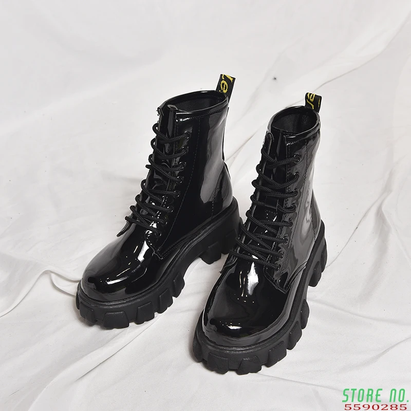 

2020 Women Autumn Ankle Boots Thick Zip Girl Patent Leather Shoes Boots Women Botas Mujer Lace Up Short Boots New Fashion