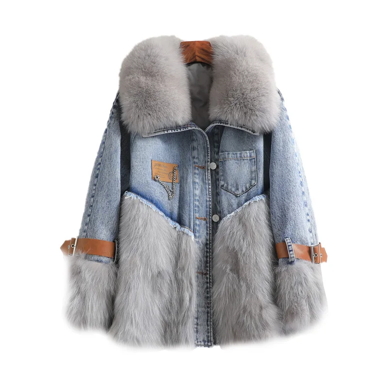 

Lady Cow Coat Down Lining Fox Fur Collar Autumn Winter Women Jacket Suit Outerwear LF21095KQN