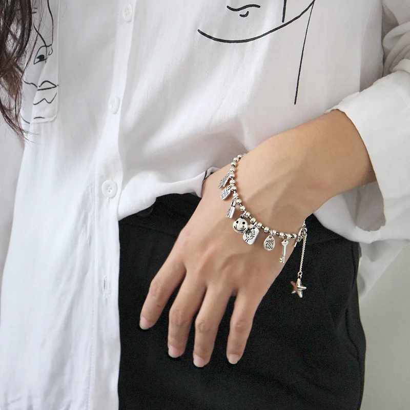 

LouLeur Real 925 Sterling Silver Charm Bracelets Cute Star Smile Key Charm Bead Bracelet Fashion Jewelry Women Gifts