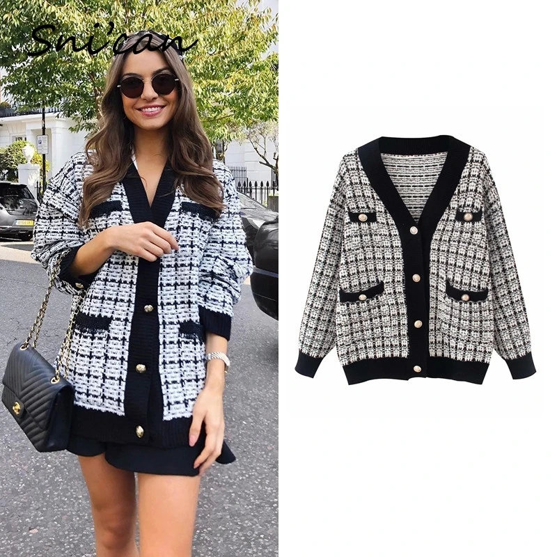 

Snican Spring V Neck Black Plaid Sweater Za Office Ladies Casual Pockets Cardigan Outwear Female Chic Tops Femme Chandails 2021