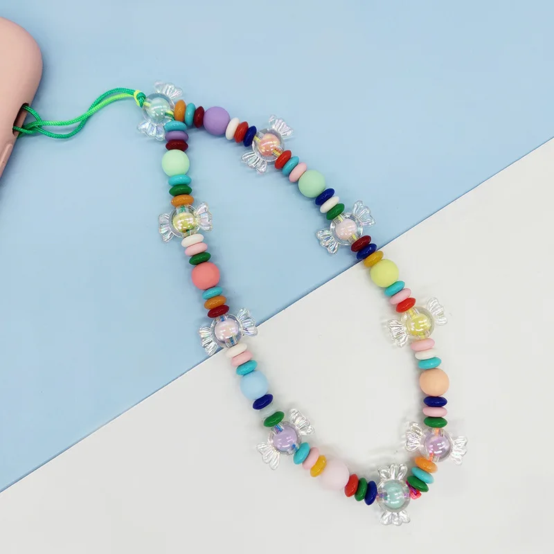 

Ins Girl's Transparent Candy Round Beads Colorful Flat Beads Mobile Phone Decoration Chain Women's Jewelry Accessory Party Gifts