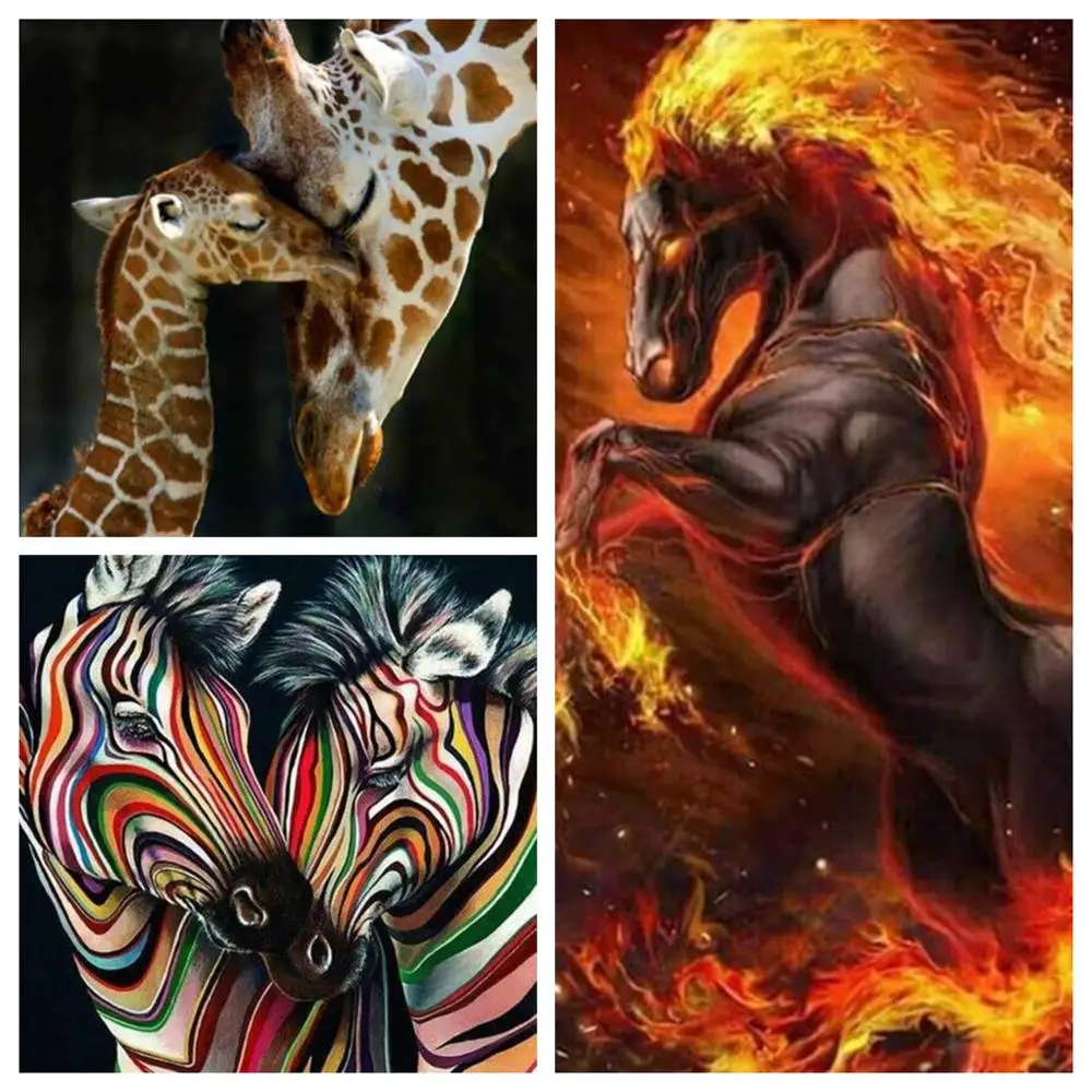Жирафы зебры и лошадь на огне 5D алмазная живопись полный квадратный домашний