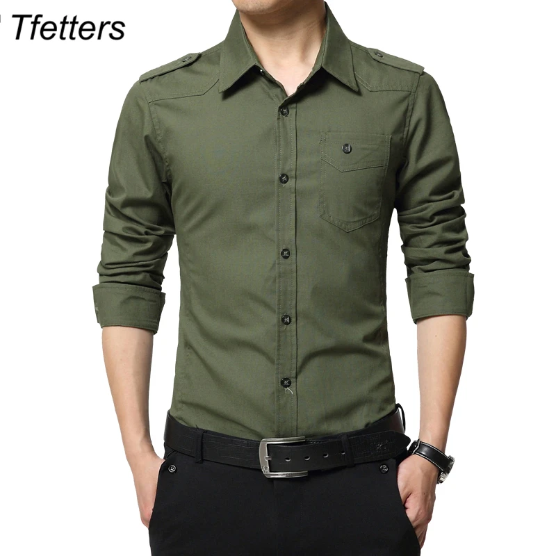 

TFETTERS Men's Shirt Epaulette Fashion Full Sleeve Epaulet Shirt Military Style 100% Cotton Army Green Shirts with epaulets