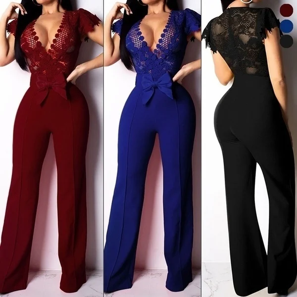 Женский сексуальный комбинезон с глубоким v-образным вырезом однотонный