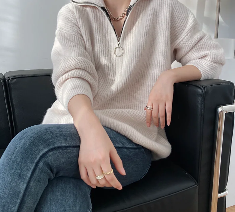 

Hirsionsan Zipper Turn-down Collar Autumn Sweaters Women Cashmere Soft Loose Solid Female Knited Pullovers 2021new Thick Jumper