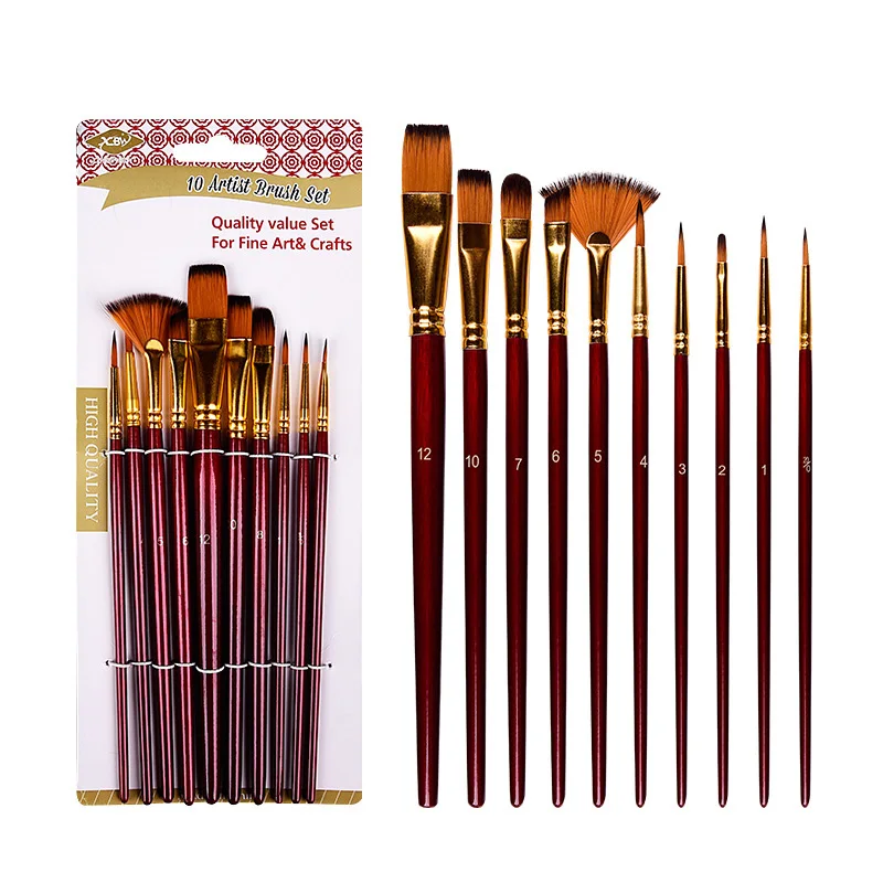 10 Pcs/Set Nylon Hair Artist Paint Brush Professional Watercolor Acrylic Wooden Handle Painting Brushes Art Supplies Stationery |