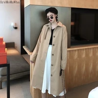 spring and autumn womens 2021 new retro black loose thin coat mid length windbreaker korean style over the knee student jacket